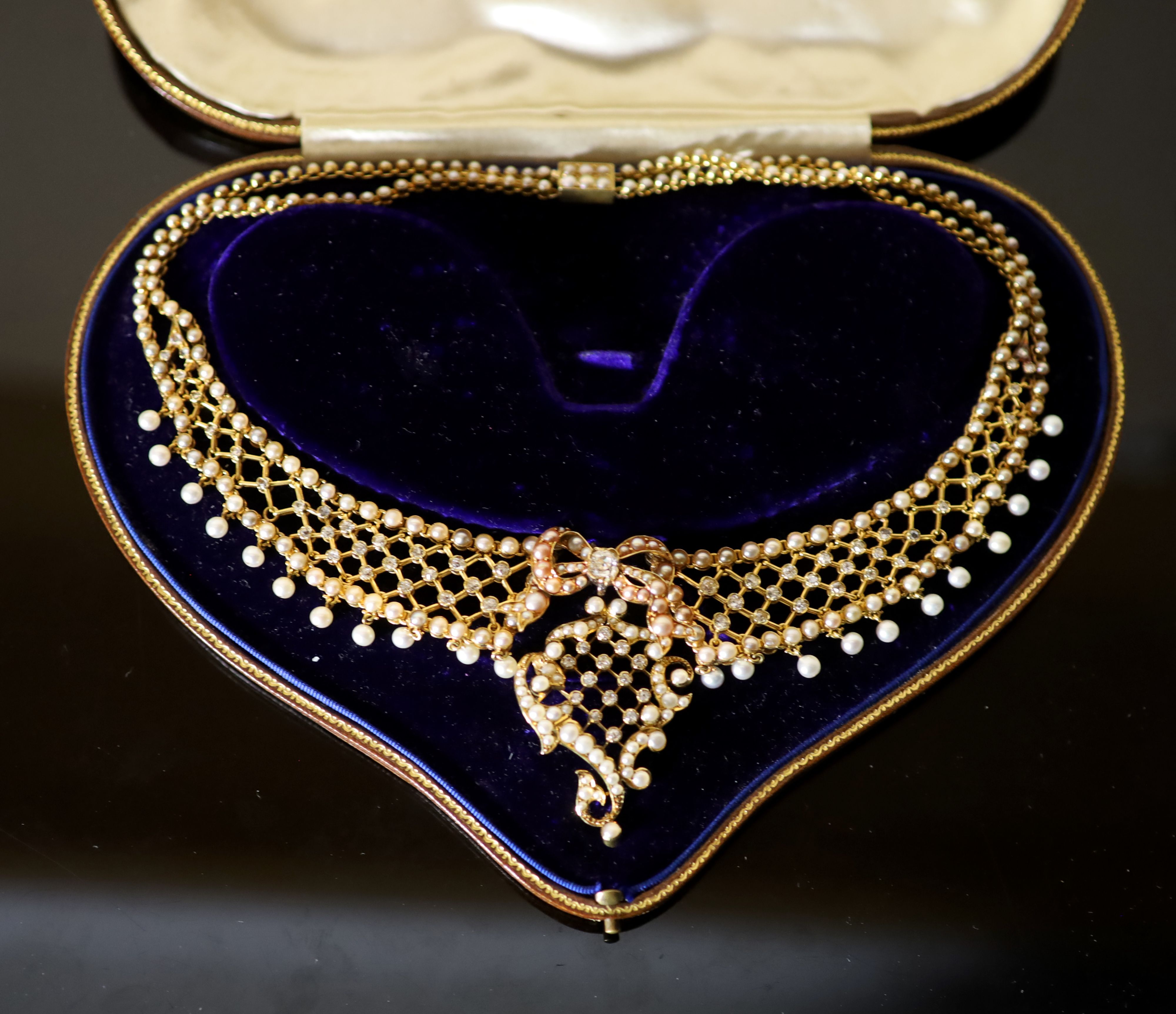 A good Victorian 15ct gold, pearl and diamond set drop pendant/brooch necklace,